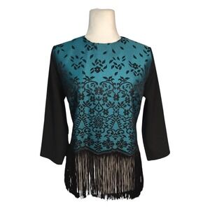 Carlucci Teal Brocade Evening Top Black Floral Fringe Party EUR 46 Large Turkey